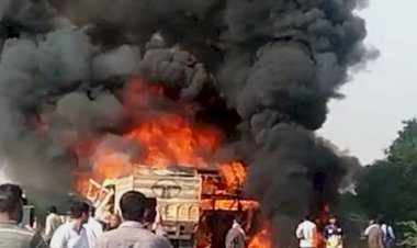 horrific road accident in barmer 3 people burnt alive