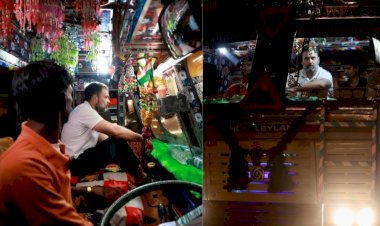 rahul gandhi seen riding with truck driver in ambala to chandigarh
