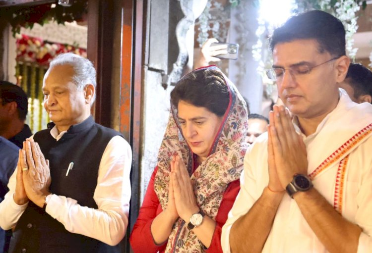 ashok gehlot sachin pilot along with priyanka gandhi sought blessings for political victory in mehandipur balaji temple